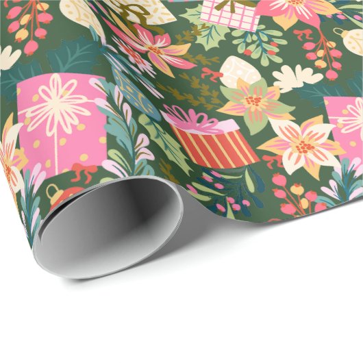 Moderne retro trendy groene kerstvakantie cadeaupapier (Rol Hoek)