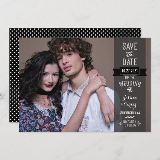 Moderne Retro Typografie Foto Bewaar de datum Save The Date (Voorkant / Achterkant)