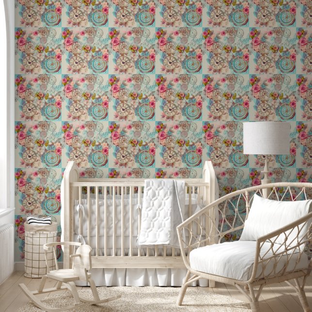 Moderne Retro Victoriaans Pastel Steampunk Bloemen Behang (Kinderen)