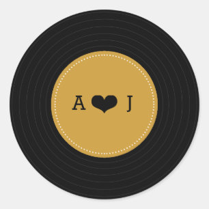 Moderne Retro Vinyl Record bruiloft (goud / zwart) Ronde Sticker