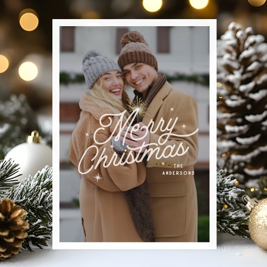 Moderne Retro Vrolijke Kerstfoto Sterren Script Feestdagenkaart