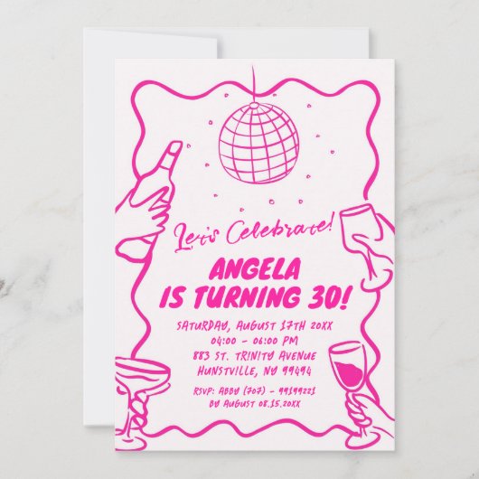 Moderne Retro Wavy Hot Pink Geïllustreerde Verjaar Kaart (Voorkant)