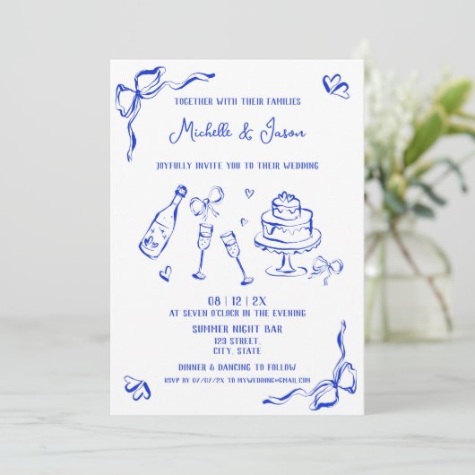 Moderne Retro Whimsical Blauwe Hand Getrokken Boog Kaart (Staand voorkant)