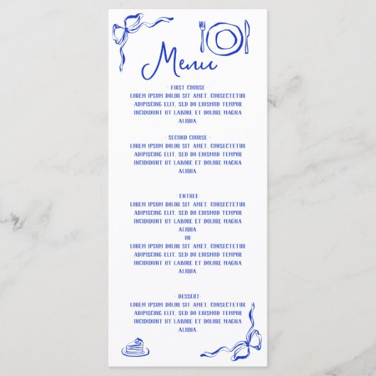 Moderne Retro Whimsical Blauwe Hand Getrokken Boog Menu (Voorkant)