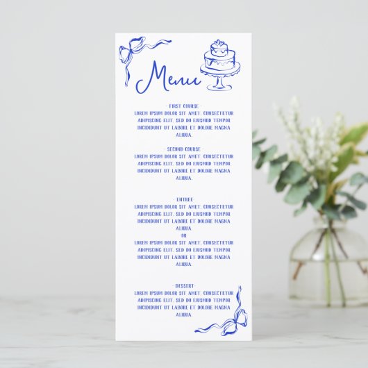 Moderne Retro Whimsical Blauwe Hand Getrokken Boog Menu (Staand voorkant)
