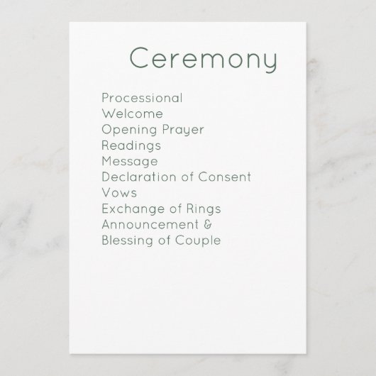 Moderne Retro Wit & Olijfgroene Bruiloft Programmakaart (Voorkant)