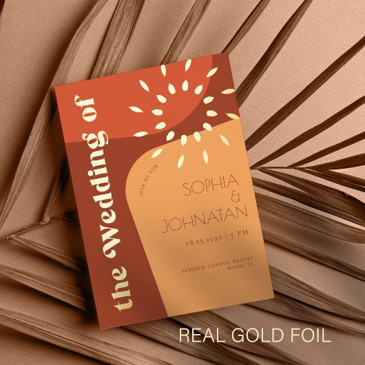 Moderne retro zonsondergang sinaasappel folie uitnodiging