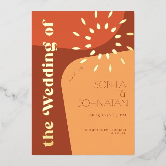 Moderne retro zonsondergang sinaasappel folie uitnodiging (Voorkant)