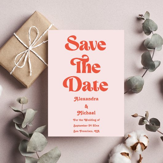 Moderne retroroze en Oranje typografie Save The Date