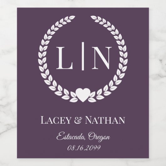 Moderne rijke wijn paarse monogram initials etiket (Enkel label)