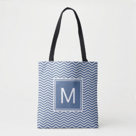 Moderne rivierblauwe chevrons en monogram tote bag