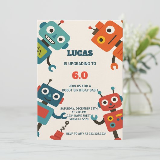 Moderne Robot Verjaardag Uitnodiging (Staand voorkant)