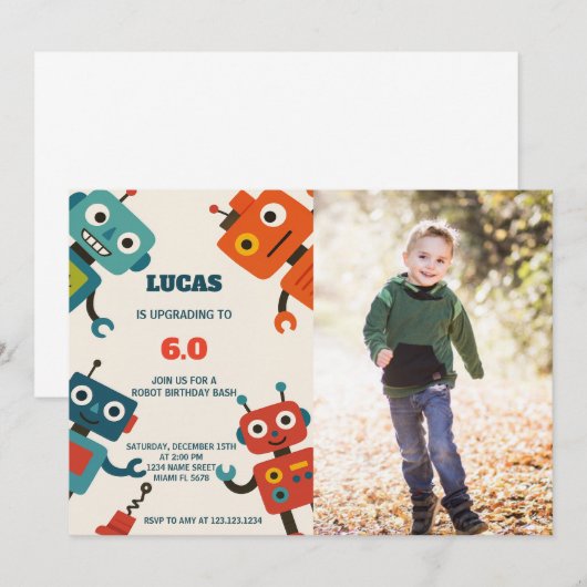 Moderne Robot Verjaardag Uitnodiging met foto (Voorkant / Achterkant)