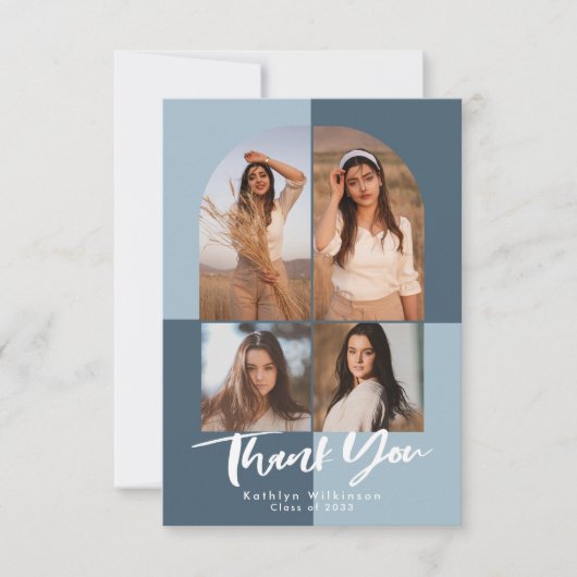 Moderne robuuste blauwe Arch 4 Foto Afstuderen Bedankkaart (Voorkant)