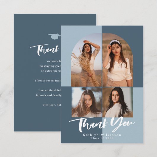 Moderne robuuste blauwe Arch 4 Foto Afstuderen Bedankkaart (Voorkant / Achterkant)