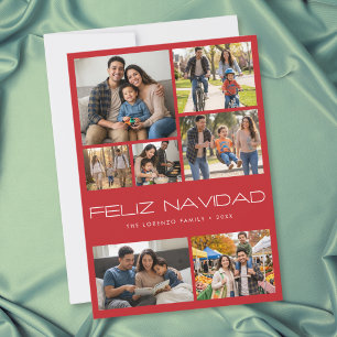 Moderne Rode 7 Foto Collage Feliz Navidad Feestdagenkaart