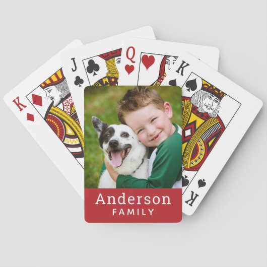 Moderne rode aangepaste familienaam foto pokerkaarten (Achterkant)