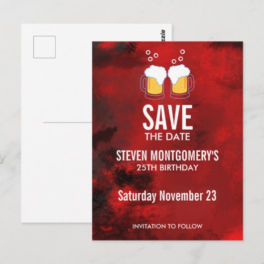 Moderne Rode Abstracte Verjaardag Save The Date Briefkaart (Voorkant / Achterkant)