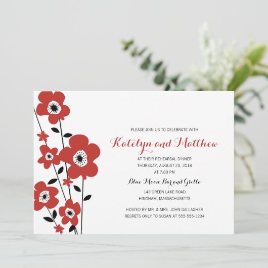 Moderne rode annemonbloem | repetitief diner kaart (Staand voorkant)