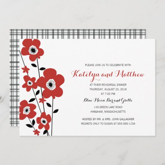 Moderne rode annemonbloem | repetitief diner kaart (Voorkant / Achterkant)