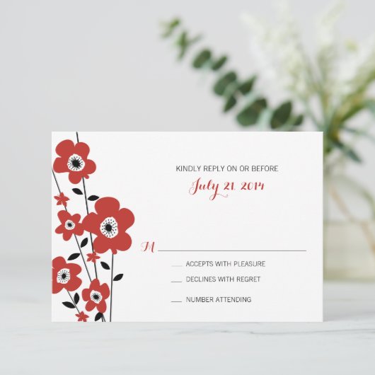 Moderne rode annemonbloem | Weddenschap RSVP (Staand voorkant)