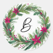 Moderne Rode Aquarel Kerstkrans Monogram Ronde Sticker (Voorkant)