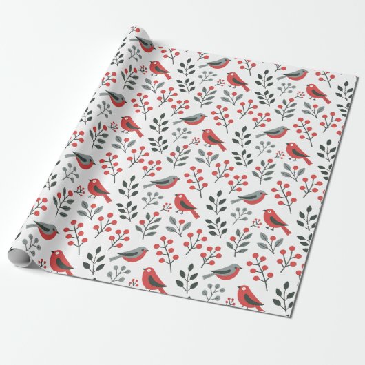Moderne Rode Bes Kerstvogel  Cadeaupapier (Uitgerold)