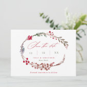 Moderne rode bessen & Script Winter Wedding Save The Date (Staand voorkant)