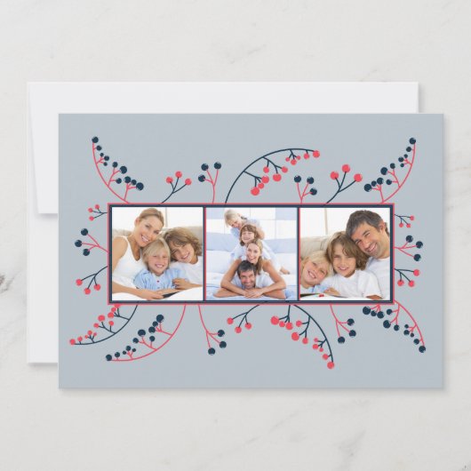 Moderne rode blauwe bessen Fotoplatte kerst Feestdagenkaart (Voorkant)