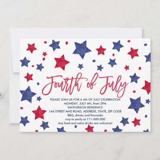 Moderne rode blauwe waterverf sterren op 4 juli kaart (Voorkant)