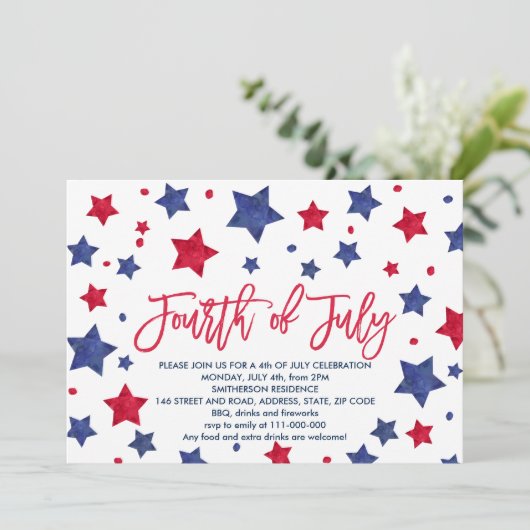 Moderne rode blauwe waterverf sterren op 4 juli kaart (Staand voorkant)