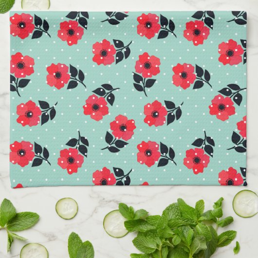 Moderne rode bloemen Aqua Blue Polka stippen Theedoek (Gevouwen)