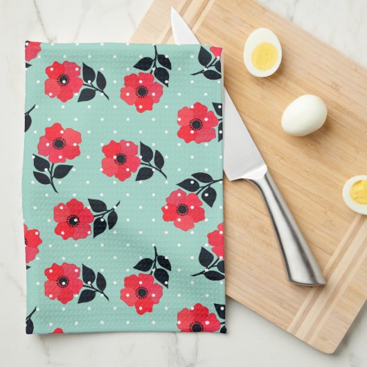 Moderne rode bloemen Aqua Blue Polka stippen Theedoek (Quarter Fold)