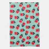 Moderne rode bloemen Aqua Blue Polka stippen Theedoek (Verticaal)