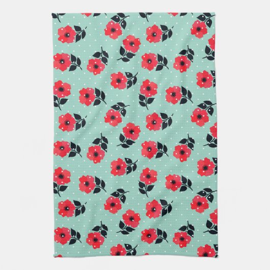 Moderne rode bloemen Aqua Blue Polka stippen Theedoek (Verticaal)
