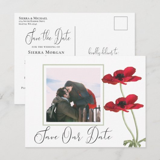 Moderne Rode Bloemen Botanische Bruiloft Save the Aankondigingskaart (Voorkant / Achterkant)