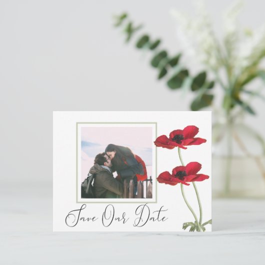Moderne Rode Bloemen Botanische Bruiloft Save the  Aankondigingskaart (Staand voorkant)