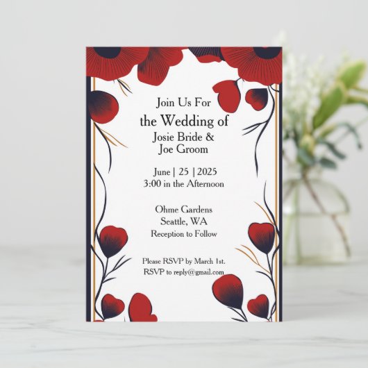 Moderne rode bloemen bruiloft uitnodiging (Staand voorkant)