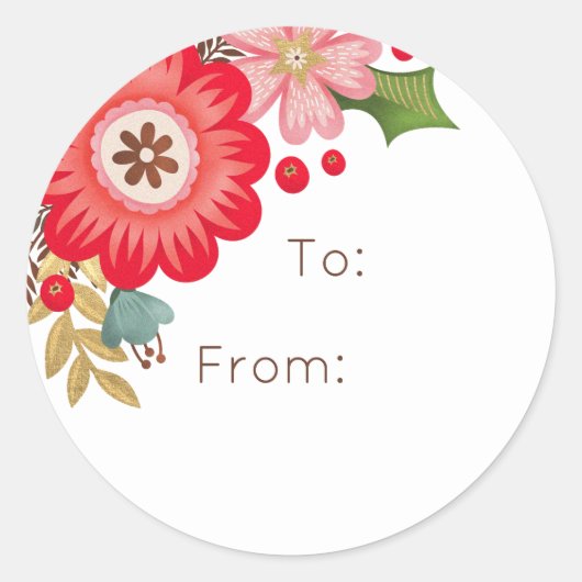 Moderne Rode Bloemen Kerst Ronde Gift Sticker (Voorkant)