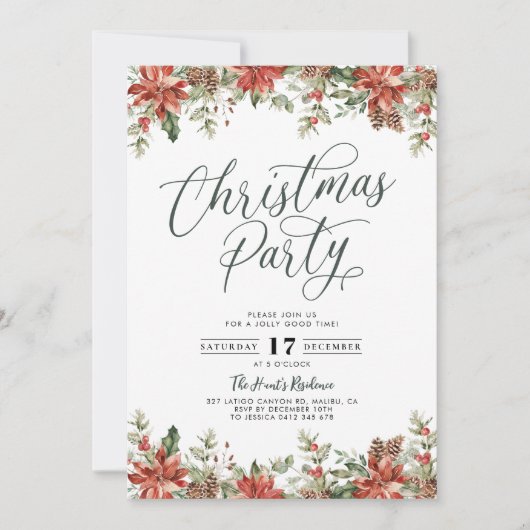 Moderne Rode Bloemen Kerstfeest Uitnodiging (Voorkant)