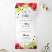 Moderne rode bloemen, typografie bloedige bruiloft drieluik uitnodiging (Binnen)