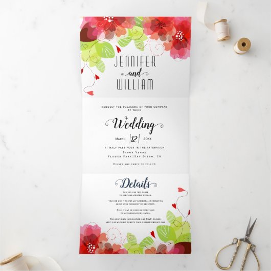 Moderne rode bloemen, typografie bloedige bruiloft drieluik uitnodiging (Binnen)