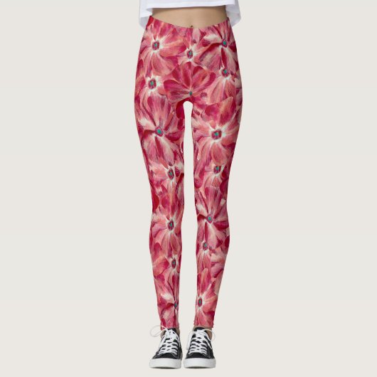 Moderne Rode Bloemen Waterverf Bloemenpatroon Leggings (Voorkant)