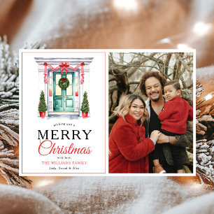 Moderne Rode Boog Deur Vrolijke Kerstfoto Feestdagenkaart