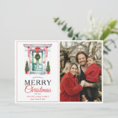 Moderne Rode Boog Deur Vrolijke Kerstfoto Feestdagenkaart (Staand voorkant)