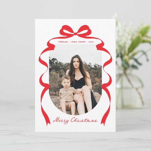 Moderne rode boog foto vrolijke kerstboog feestdagenkaart (Staand voorkant)