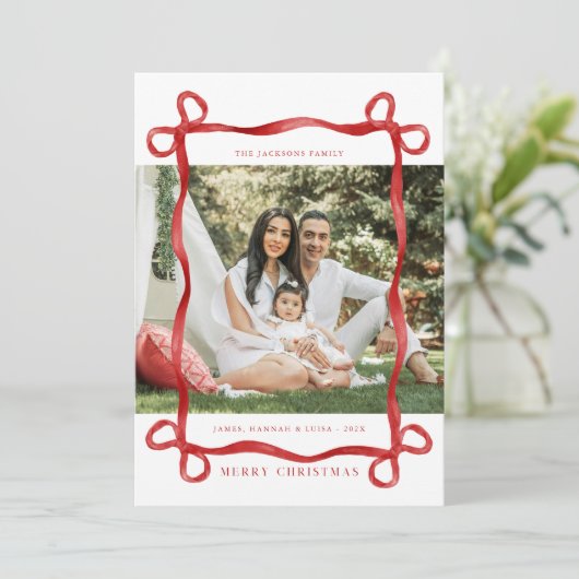 Moderne rode boog vrolijke kerstfoto feestdagenkaart (Staand voorkant)