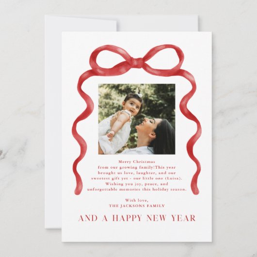 Moderne rode boog vrolijke kerstfoto kaart (Achterkant)