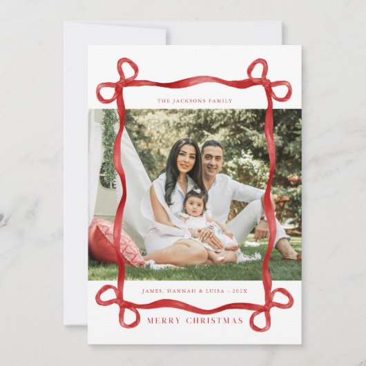 Moderne rode boog vrolijke kerstfoto kaart (Voorkant)