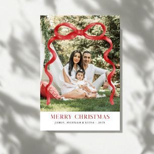 Moderne rode boog vrolijke kerstfoto kaart
